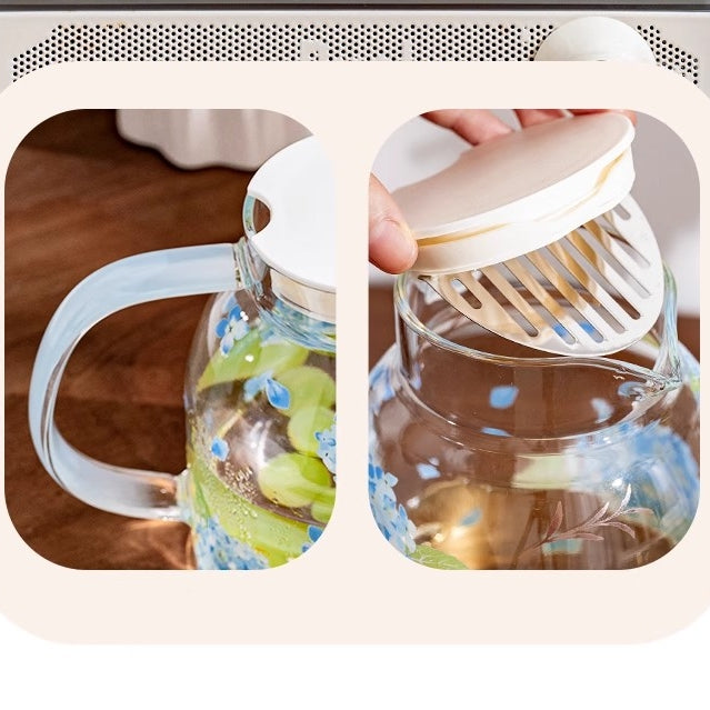 Glass Borosilicate - Water Pitcher Jug - 1100 ml - Floral Printed - Hydrangea Blue