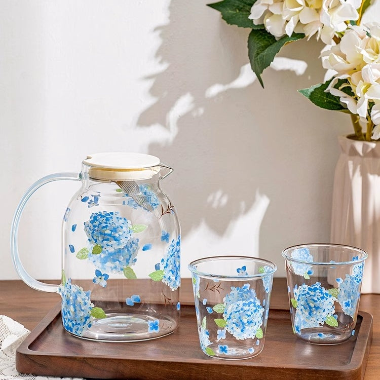 Glass Borosilicate - Water Pitcher Jug - 1100 ml - Floral Printed - Hydrangea Blue