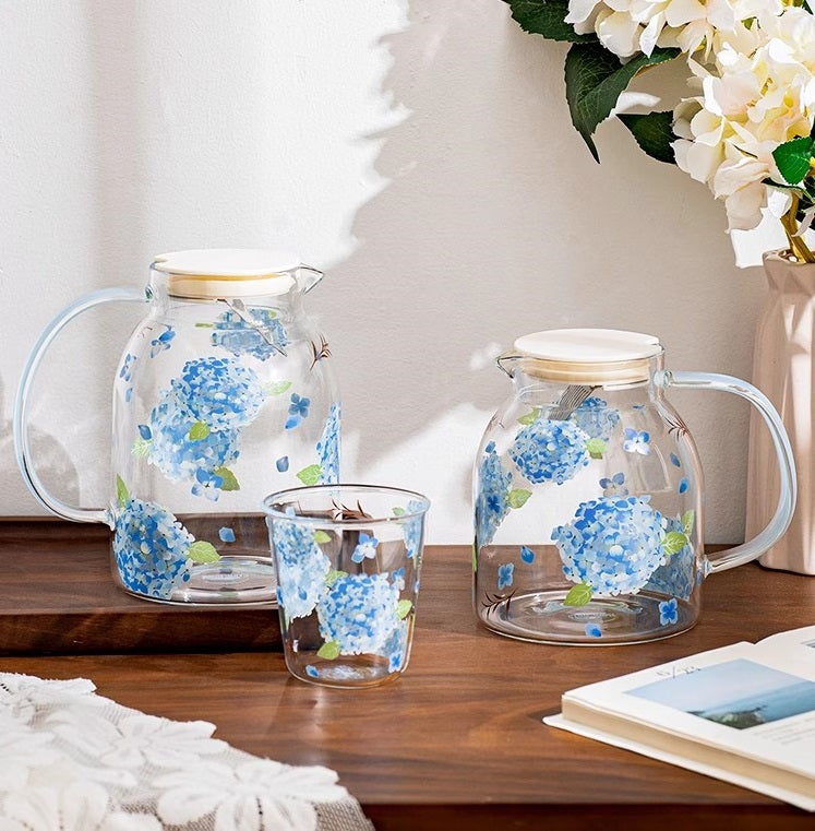 Glass Borosilicate - Water Pitcher Jug - 1100 ml - Floral Printed - Hydrangea Blue