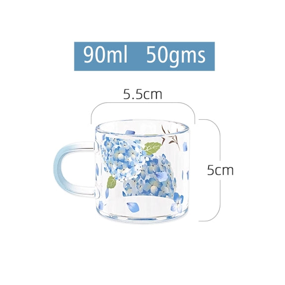 Glass Borosilicate - Tea Coffee Water Cup 90ml, Set of 2 - Floral Printed - Hydrangea Blue