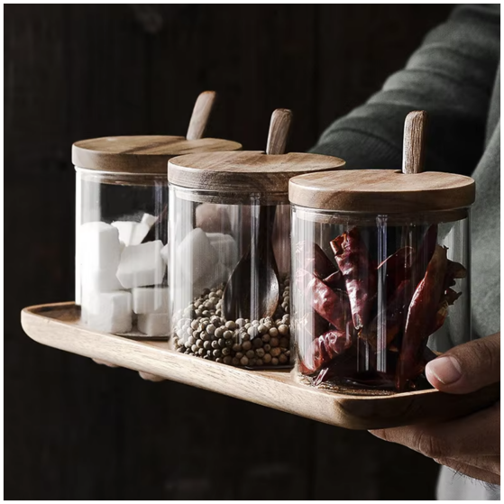 Glass - Spice Jar Condiment Set (Coffee Tea Sugar) - 3 Airtight Jars with Wooden Spoon & Tray