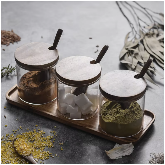 Glass - Spice Jar Condiment Set (Coffee Tea Sugar) - 3 Airtight Jars with Wooden Spoon & Tray