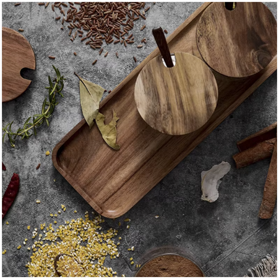 Glass - Spice Jar Condiment Set (Coffee Tea Sugar) - 3 Airtight Jars with Wooden Spoon & Tray