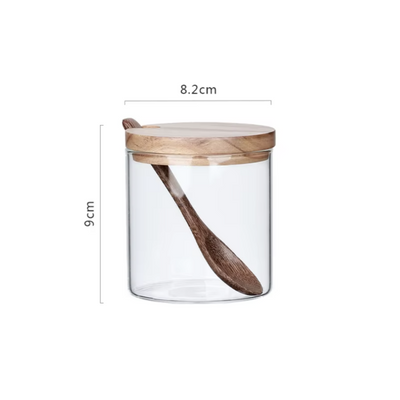 Glass - Spice Jar Condiment Set (Coffee Tea Sugar) - 3 Airtight Jars with Wooden Spoon & Tray