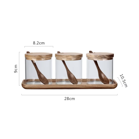 Glass - Spice Jar Condiment Set (Coffee Tea Sugar) - 3 Airtight Jars with Wooden Spoon & Tray