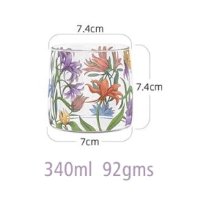 Glass Borosilicate - Tea Coffee Water Cup 340ml, Set of 2 - Floral Printed - Wild Flower