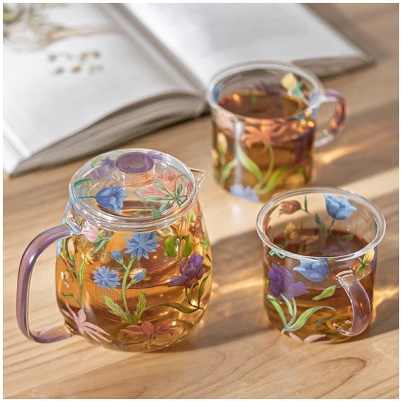 Glass Borosilicate - Tea Coffee Water Cup 340ml, Set of 2 - Floral Printed - Wild Flower