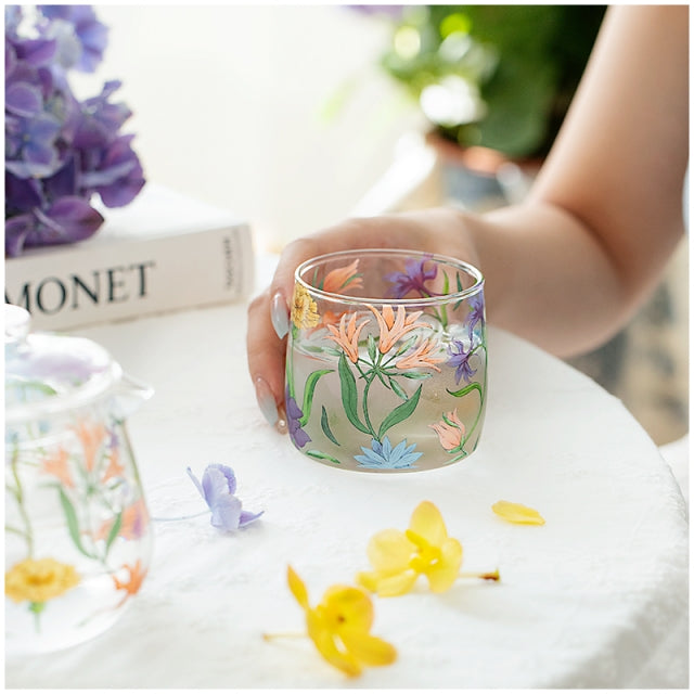 Glass Borosilicate - Tea Coffee Water Cup 340ml, Set of 2 - Floral Printed - Wild Flower