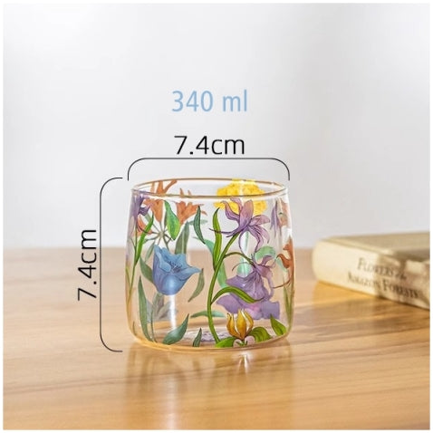 Glass Borosilicate - Tea Coffee Water Cup 340ml, Set of 2 - Floral Printed - Wild Flower