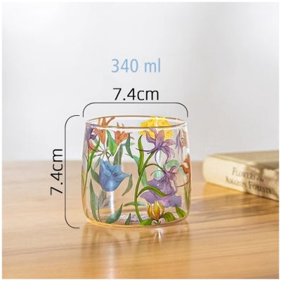 Glass Borosilicate - Tea Coffee Water Cup 340ml, Set of 2 - Floral Printed - Wild Flower
