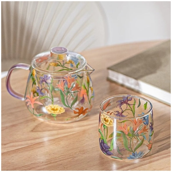 Glass Borosilicate - Tea Coffee Water Cup 340ml, Set of 2 - Floral Printed - Wild Flower