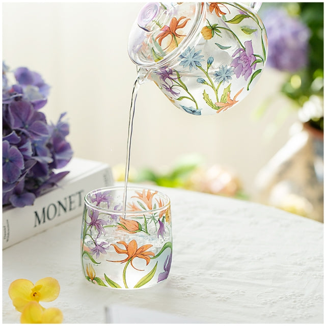 Glass Borosilicate - Tea Coffee Water Cup 340ml, Set of 2 - Floral Printed - Wild Flower