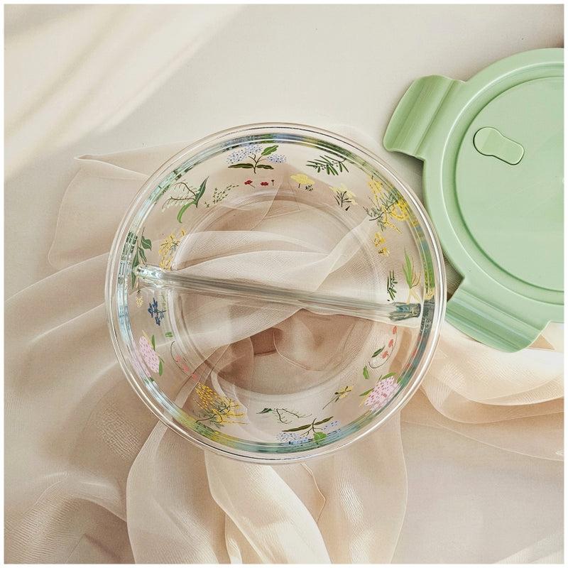 Glass Borosilicate - Container - Round - 700ml Divided - Floral Printed - Spring