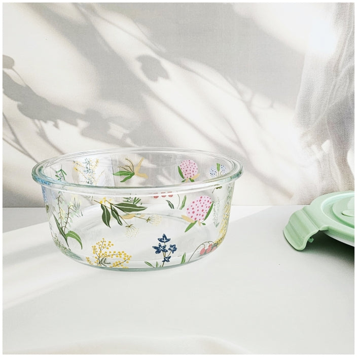 Glass Borosilicate - Container - Round - 900ml - Floral Printed - Spring