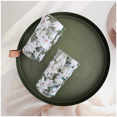 Glass Borosilicate - Water Glass 450ml, Set of 4 - Floral Printed - Frangipani White