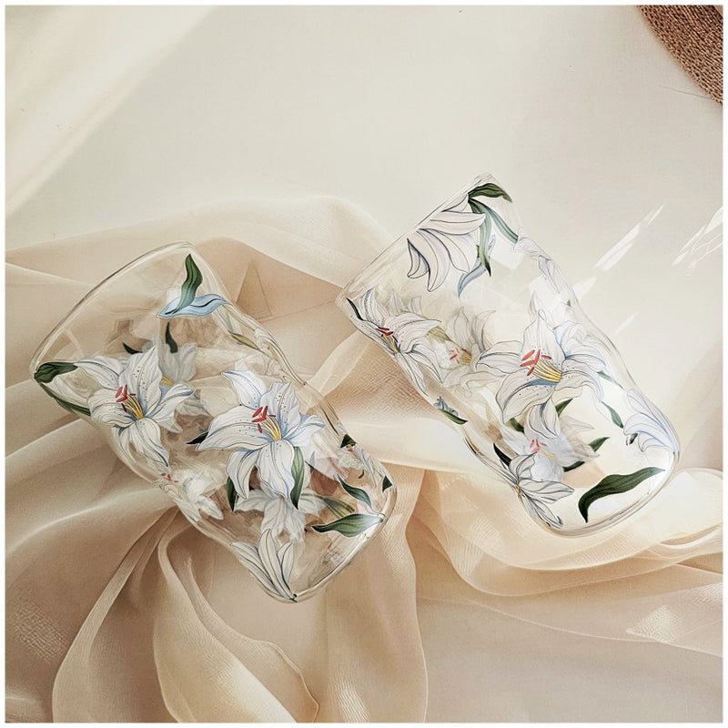 Glass Borosilicate - Water Glass 450ml, Set of 4 - Floral Printed - Frangipani White