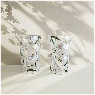 Glass Borosilicate - Water Glass 450ml, Set of 4 - Floral Printed - Frangipani White