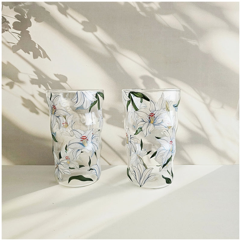 Glass Borosilicate - Water Glass 450ml, Set of 4 - Floral Printed - Frangipani White