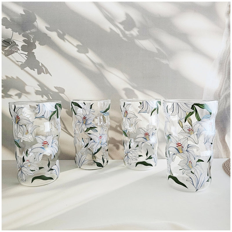 Glass Borosilicate - Water Glass 450ml, Set of 4 - Floral Printed - Frangipani White