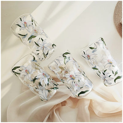 Glass Borosilicate - Water Glass 450ml, Set of 4 - Floral Printed - Frangipani White