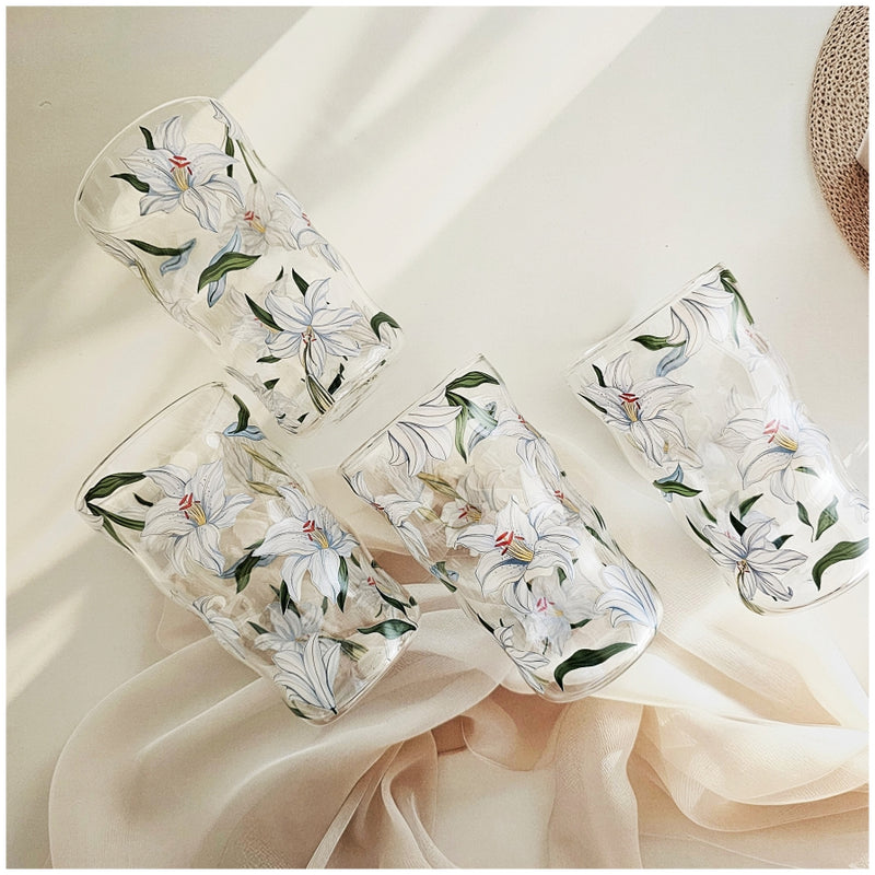 Glass Borosilicate - Water Glass 450ml, Set of 4 - Floral Printed - Frangipani White