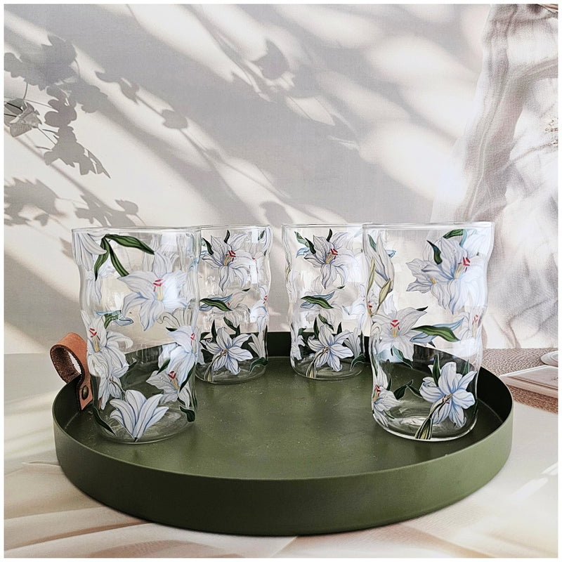 Glass Borosilicate - Water Glass 450ml, Set of 4 - Floral Printed - Frangipani White