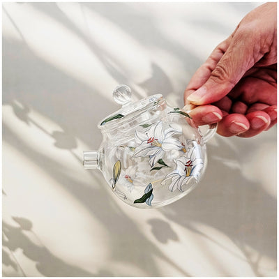 Glass Borosilicate - Mini Green Tea/Coffee Pot - 120 ml - Floral Printed - Frangipani White