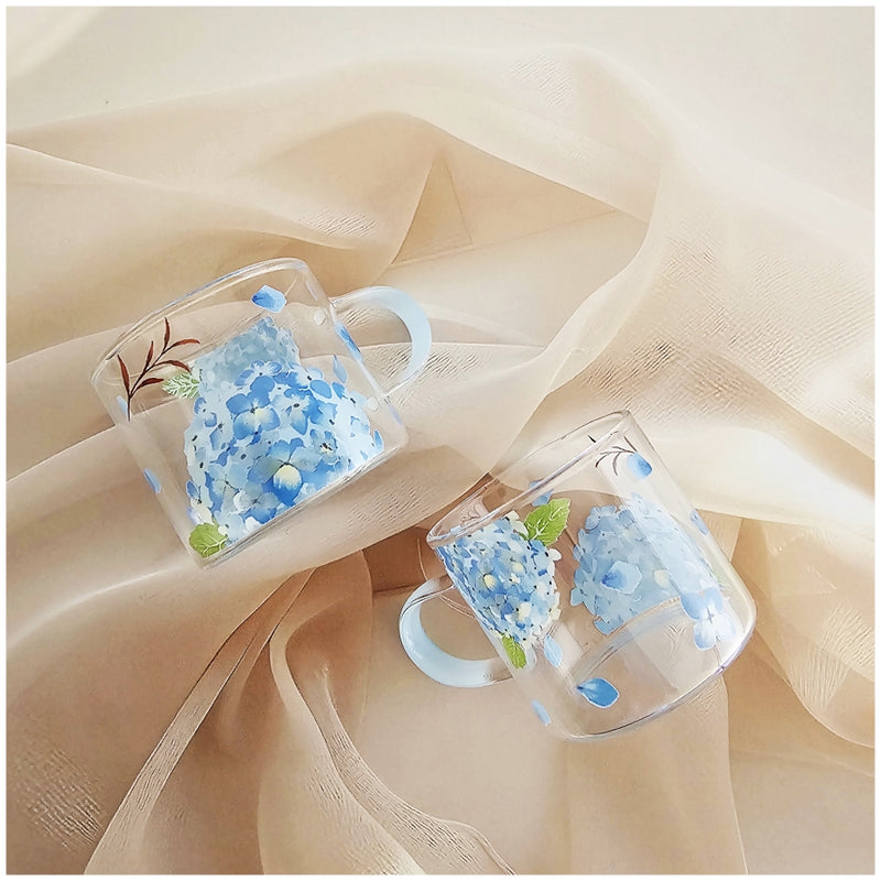 Glass Borosilicate - Tea Coffee Water Cup 90ml, Set of 2 - Floral Printed - Hydrangea Blue