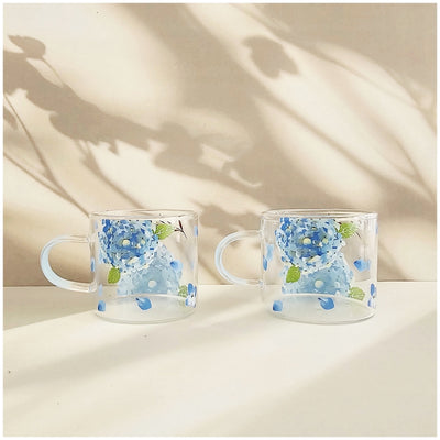 Glass Borosilicate - Tea Coffee Water Cup 90ml, Set of 2 - Floral Printed - Hydrangea Blue