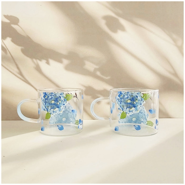 Glass Borosilicate - Tea Coffee Water Cup 90ml, Set of 2 - Floral Printed - Hydrangea Blue