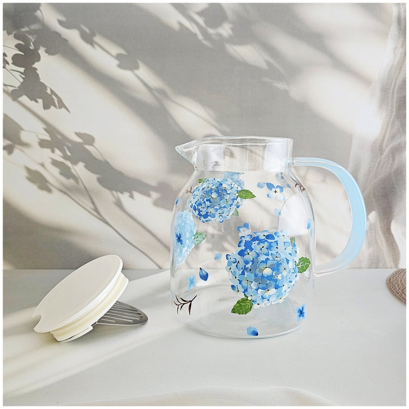 Glass Borosilicate - Water Pitcher Jug - 1100 ml - Floral Printed - Hydrangea Blue