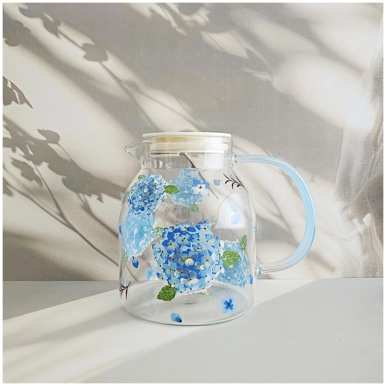 Glass Borosilicate - Water Pitcher Jug - 1100 ml - Floral Printed - Hydrangea Blue