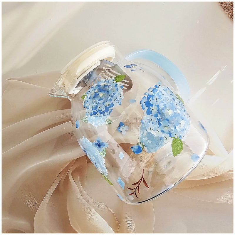 Glass Borosilicate - Water Pitcher Jug - 1100 ml - Floral Printed - Hydrangea Blue