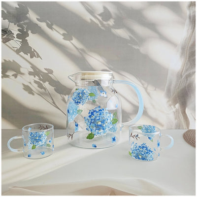 Glass Borosilicate - Tea Coffee Water Cup 90ml, Set of 2 - Floral Printed - Hydrangea Blue