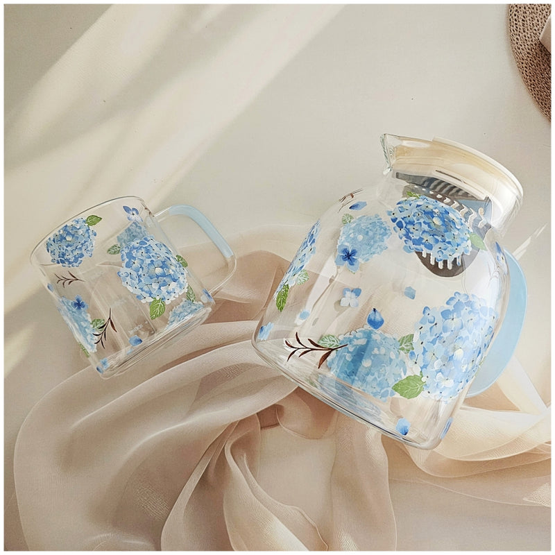 Glass Borosilicate - Water Pitcher Jug - 1100 ml - Floral Printed - Hydrangea Blue
