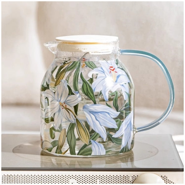 Glass Borosilicate - Water Pitcher Jug 1500 ml - Floral Printed - Blue Lillies