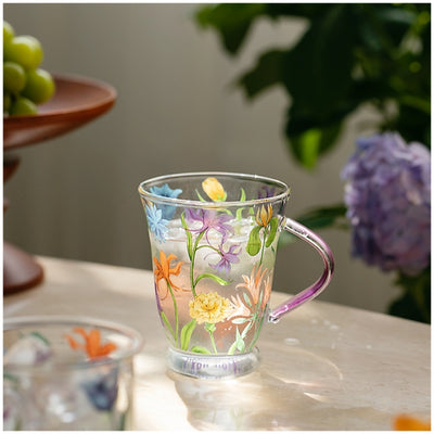 Glass Borosilicate - Tea Coffee Water Vintage Tall Mug Set of 2 - Floral Printed - Wild Flower