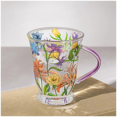 Glass Borosilicate - Tea Coffee Water Vintage Tall Mug Set of 2 - Floral Printed - Wild Flower