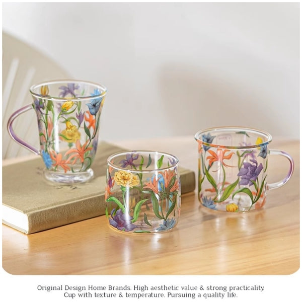 Glass Borosilicate - Tea Coffee Water Vintage Tall Mug Set of 2 - Floral Printed - Wild Flower