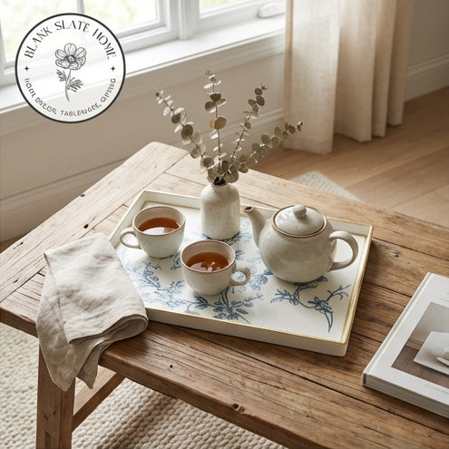 HAND PAINTED - SERVING TRAY RECTANGLE SLIM - WHITE SUMMER