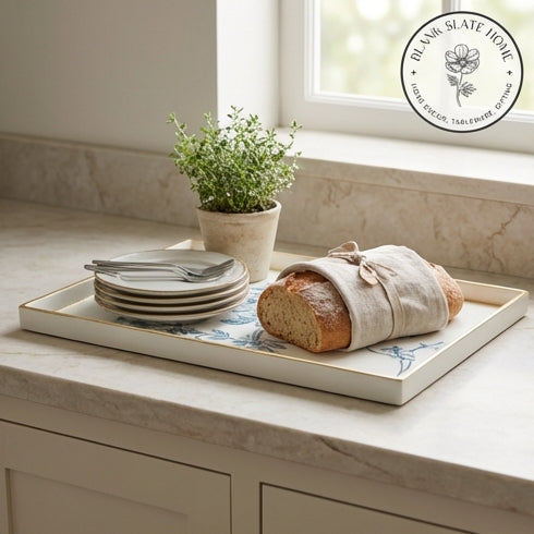 HAND PAINTED - SERVING TRAY RECTANGLE SLIM - WHITE SUMMER