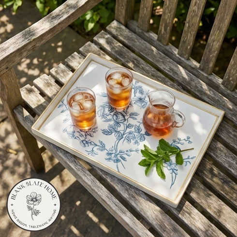 HAND PAINTED - SERVING TRAY RECTANGLE SLIM - WHITE SUMMER