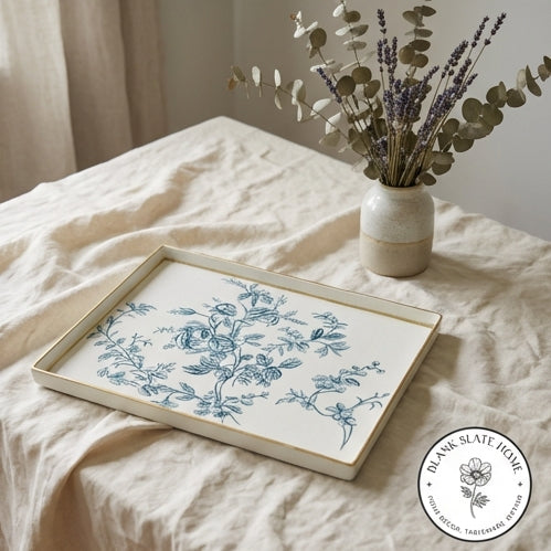HAND PAINTED - SERVING TRAY RECTANGLE SLIM - WHITE SUMMER