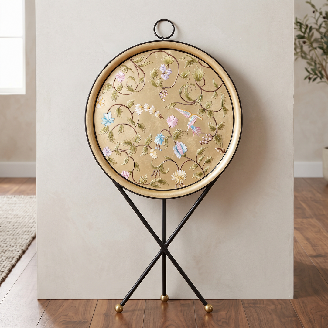 HAND PAINTED - TRIPOD STAND TABLE TOP - GOLDEN LEAF