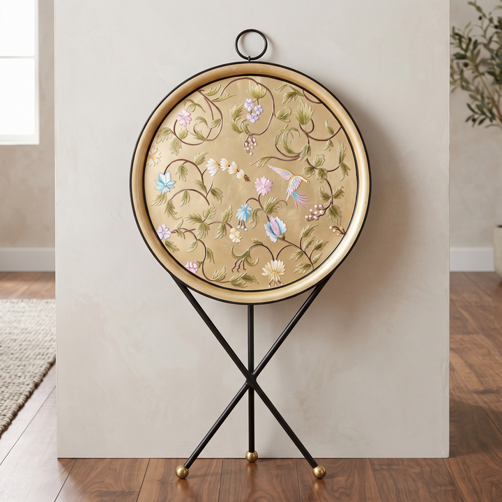 HAND PAINTED - TRIPOD STAND TABLE TOP - GOLDEN LEAF