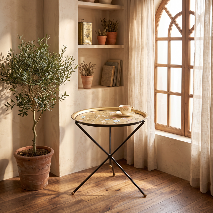 HAND PAINTED - TRIPOD STAND TABLE TOP - GOLDEN LEAF