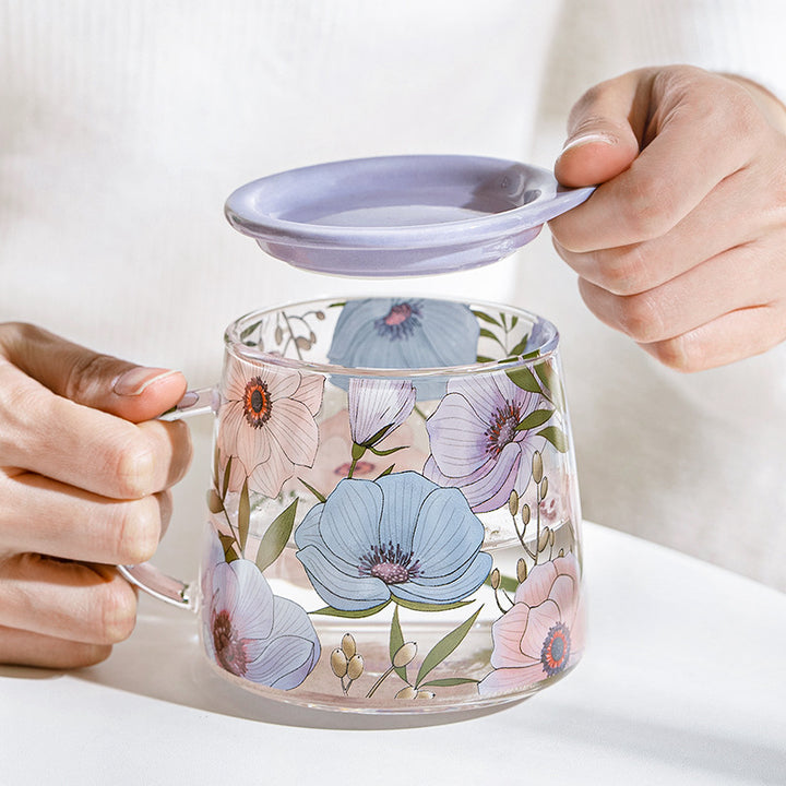 Glass Borosilicate - Tea Coffee Water Mug with Lid, Set of 2 - Floral Printed - Lilac Floral