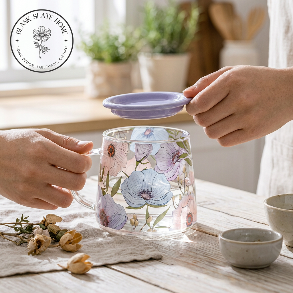 Glass Borosilicate - Tea Coffee Water Mug with Lid, Set of 2 - Floral Printed - Lilac Floral