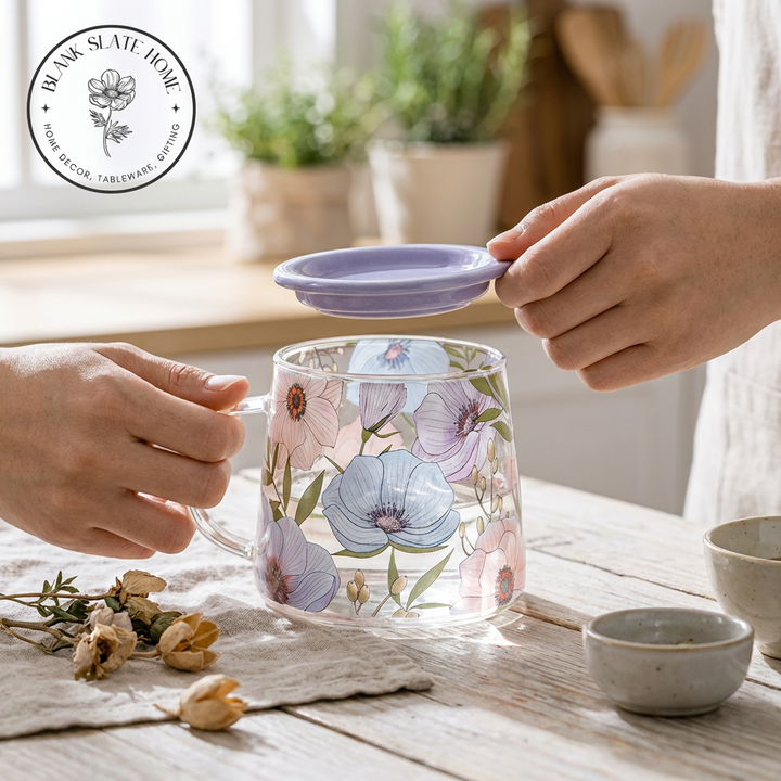 Glass Borosilicate - Tea Coffee Water Mug with Lid, Set of 2 - Floral Printed - Lilac Floral