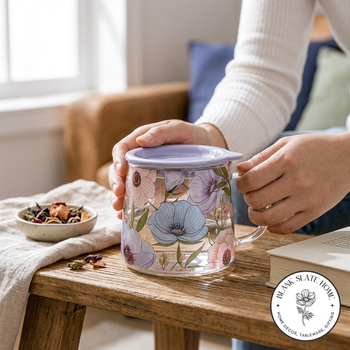 Glass Borosilicate - Tea Coffee Water Mug with Lid, Set of 2 - Floral Printed - Lilac Floral